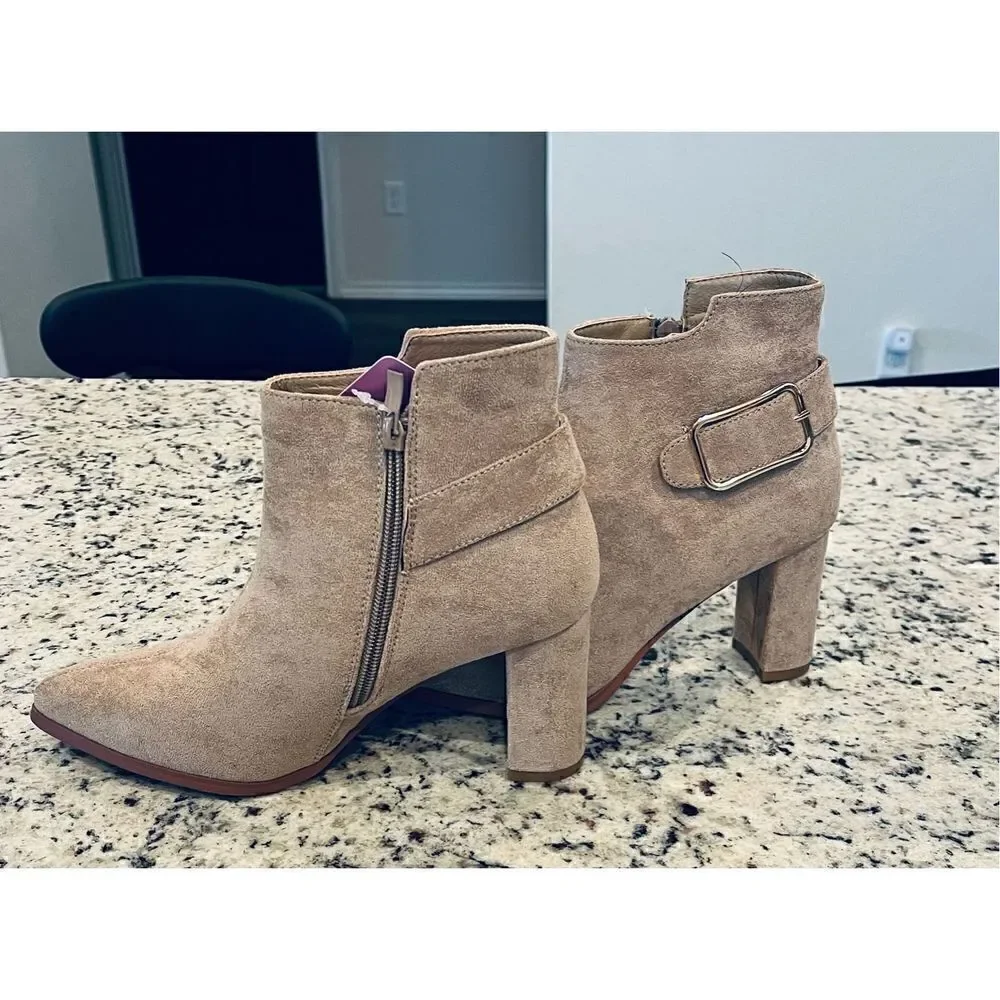 Hawkwell Women's Pointed Toe Side Zipper Slip on Chunky Heel Booties